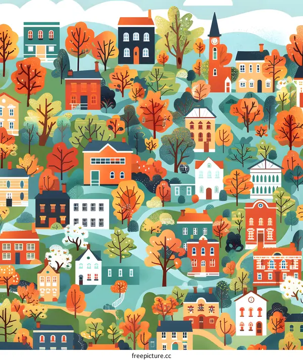 Autumn Village Colorful Illustration