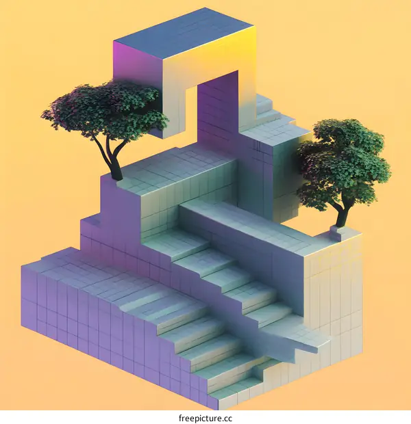 Abstract Staircase with Trees in a Surreal Landscape