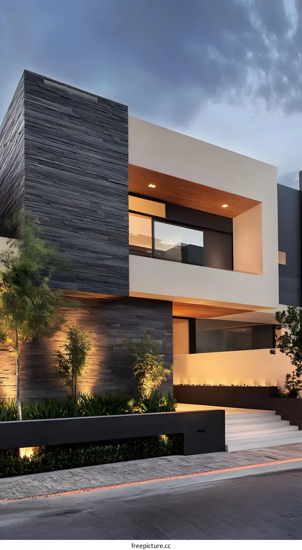 Modern Home With Stone Wall And Wooden Accents