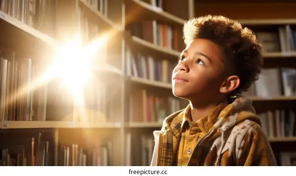 A young boy gazes at the library shelves in wonder