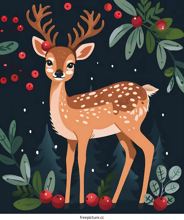 Cute Deer In The Winter Forest Illustration