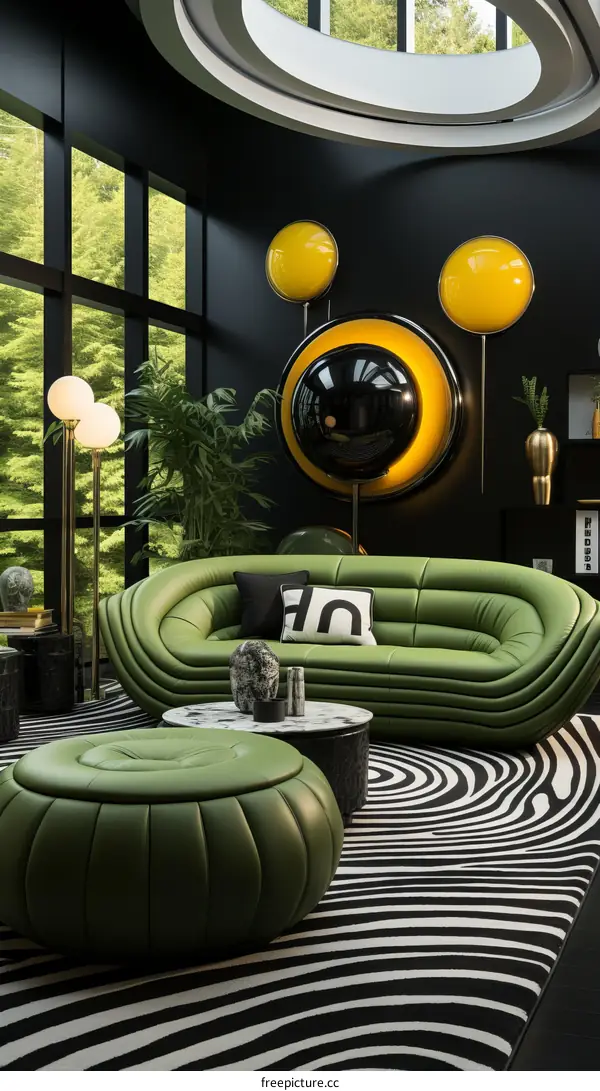 A green leather sofa sits in a room with black walls and a zebra-print rug.