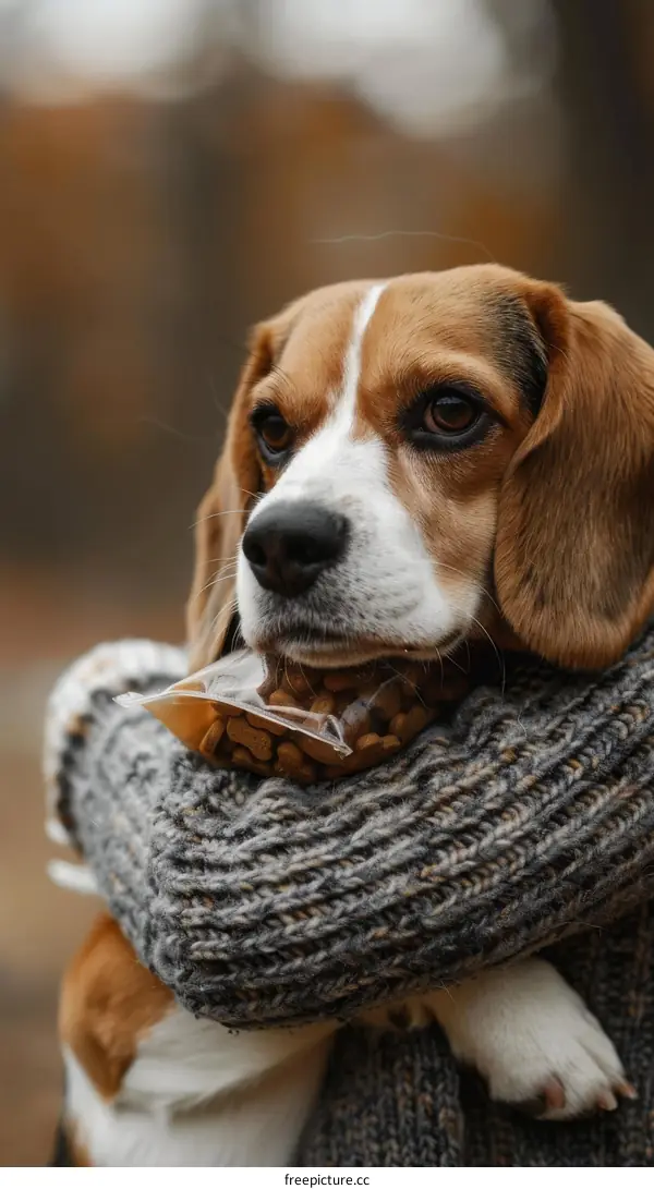 A cute beagle dog being held by a person wearing a gray sweater