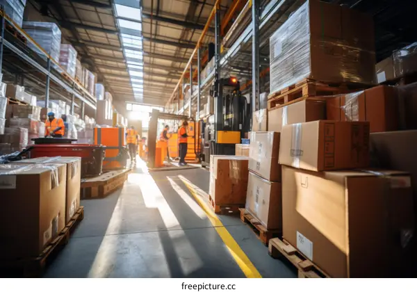 A warehouse with workers in the background