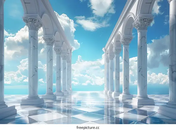 Surreal Corridor with Marble Columns and Checkered Floor