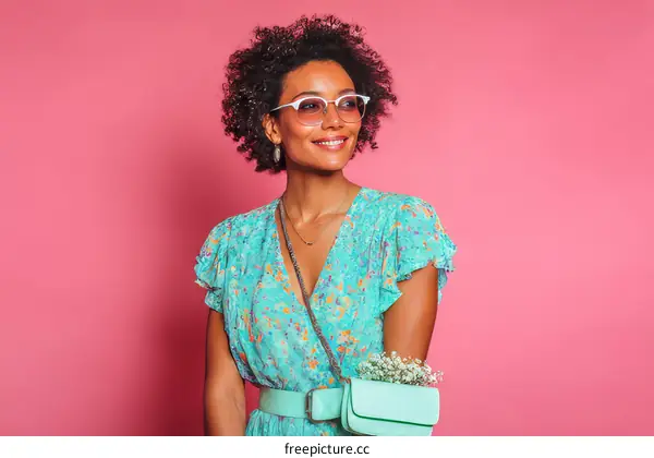 African American Woman in a Floral Print Dress with Sunglasses