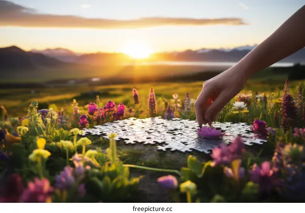 Hand placing the final piece of a puzzle in a meadow of flowers at sunset