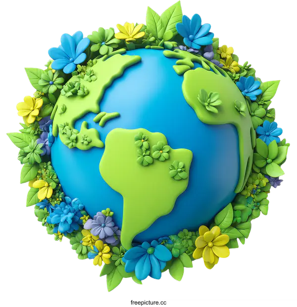 [Transparent Background PNG]Earth Globe with Colorful Flowers and Leaves Illustration