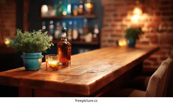 Rustic Wooden Bar Counter with Drinks