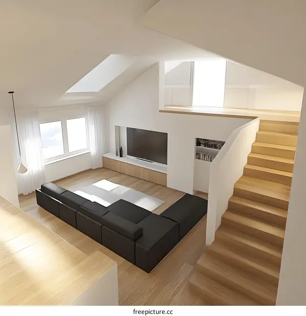 Modern Loft Living Room Interior Design with Black Sofa and Wooden Stairs