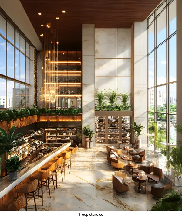 Modern Bar Interior Design with Wooden Furniture and Large Windows
