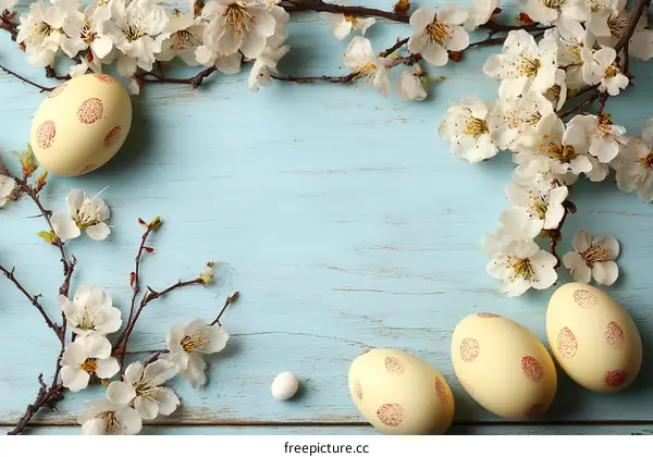 Spring Easter Eggs and Blossoms on Light Blue Wood