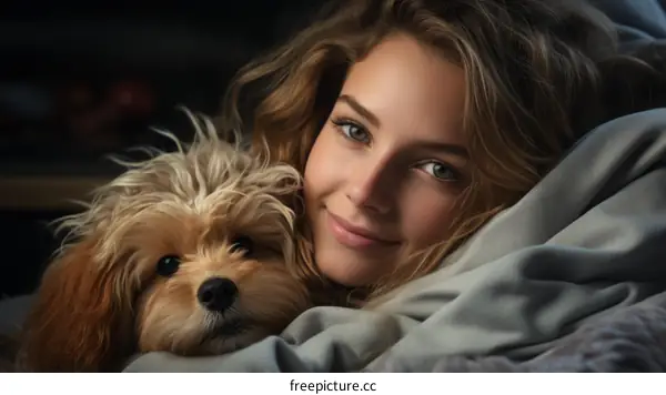 A Beautiful Young Blonde Woman Lying in Bed with Her Lovely Dog