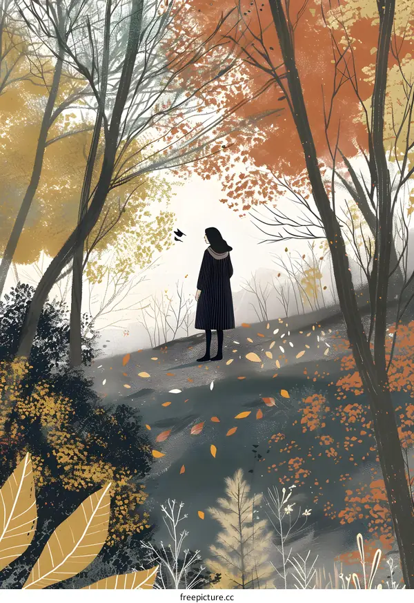 Woman Standing in Autumn Forest with Falling Leaves