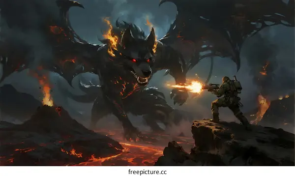 Fierce black dragon with fiery breath attacking soldier in volcanic landscape