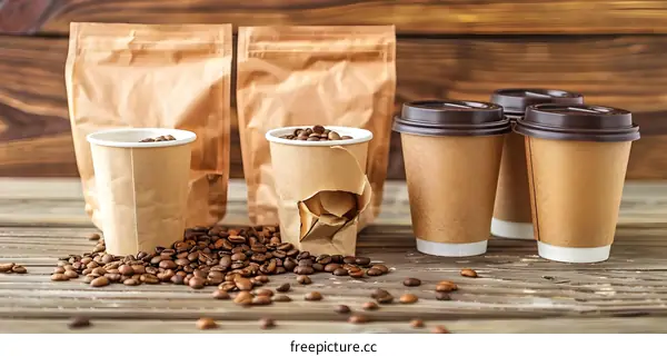 Coffee Beans in Paper Cups on Wooden Table