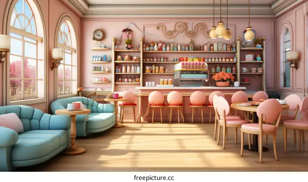 Cute Pink Cartoon Cafe Interior Design Illustration