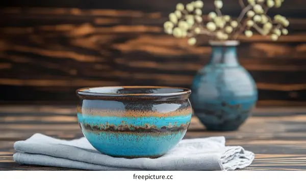 Ceramic Bowl and Vase on Wooden Table