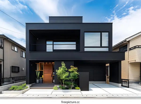 Modern Black House Exterior with Wooden Door and Greenery