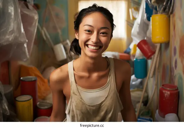 Asian woman covered in paint smiling