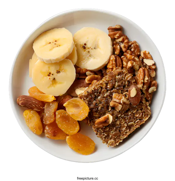 [Transparent Background PNG]Top View of a Plate of Healthy Oatmeal with Bananas, Dried Apricots, Pecans, and Almonds