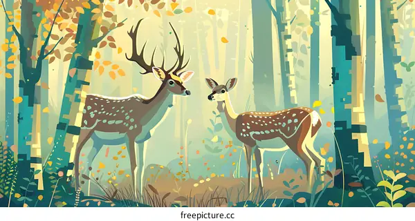 Two Deer in a Forest with Abstract Trees