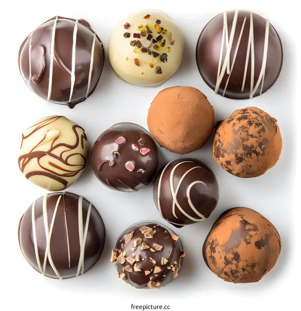 Top view of various kinds of chocolate truffles