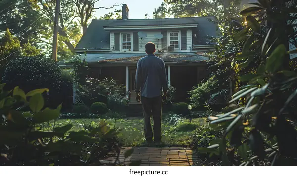 man walking up to a house