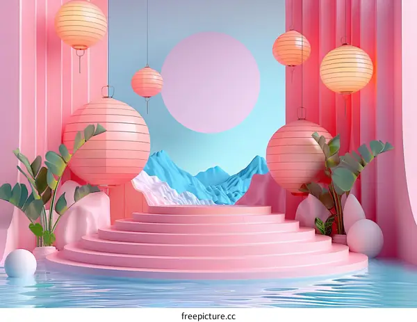 Pastel Pink Aesthetic Scene with Lanterns