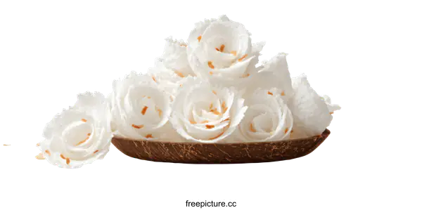 [Transparent Background PNG]Delicate Coconut Rose Arrangement in Wooden Bowl