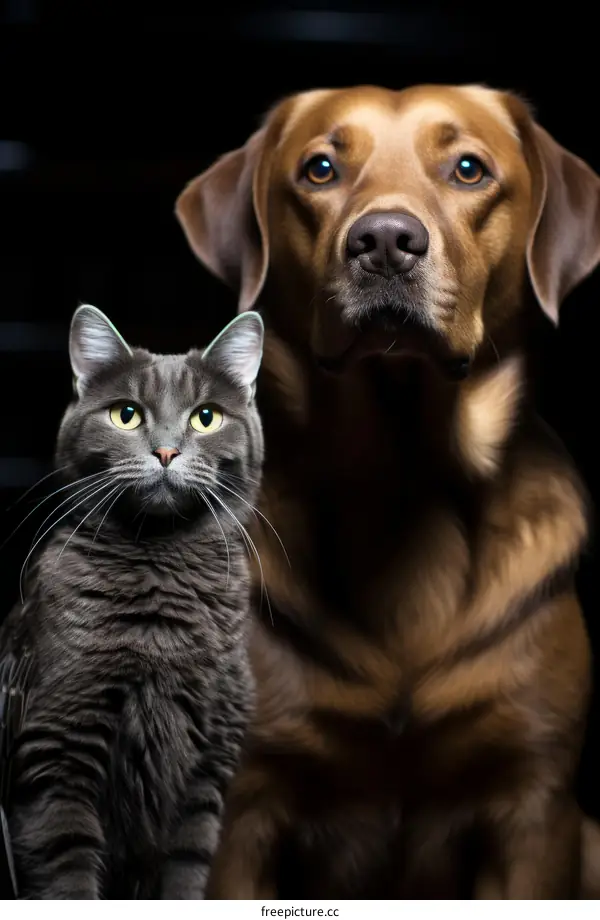 A ginger dog and a gray cat are sitting side by side