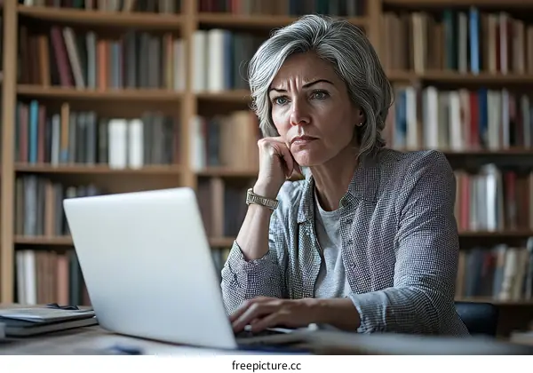 Focused Woman Working on Laptop in Library Setting