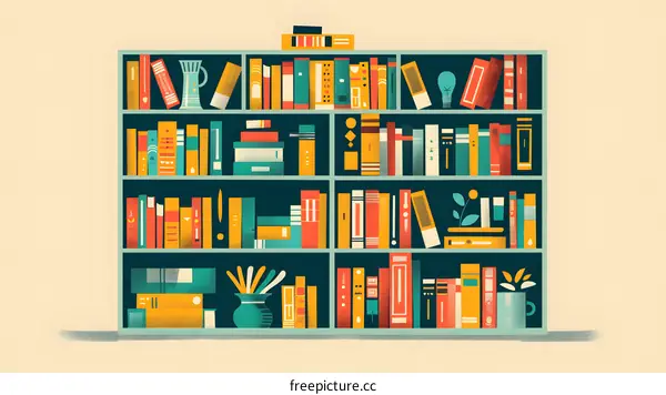 Colorful Bookshelf with Various Books and Decorations