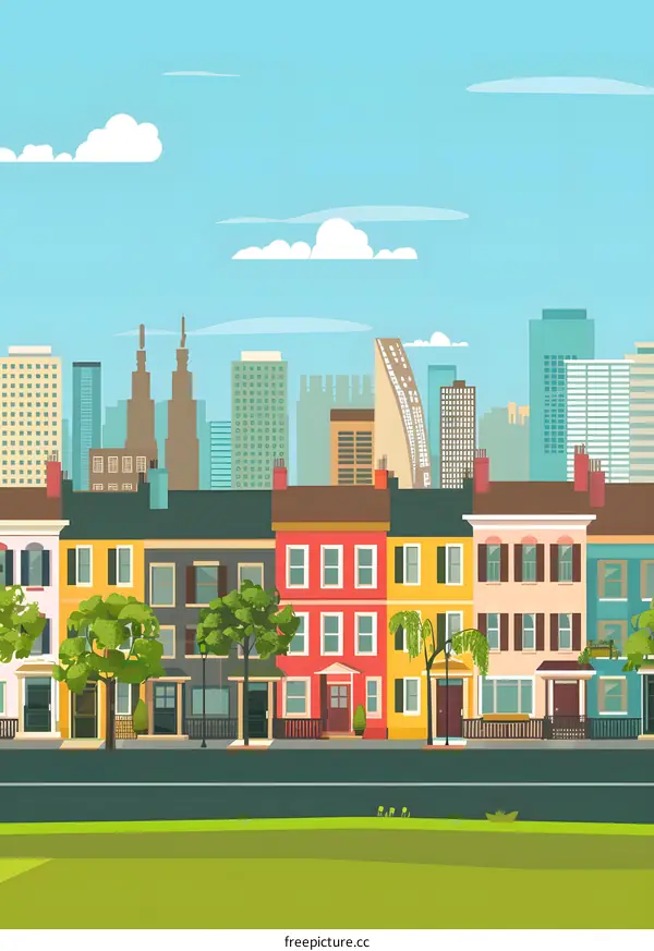 Colorful Suburban Houses Cityscape Illustration