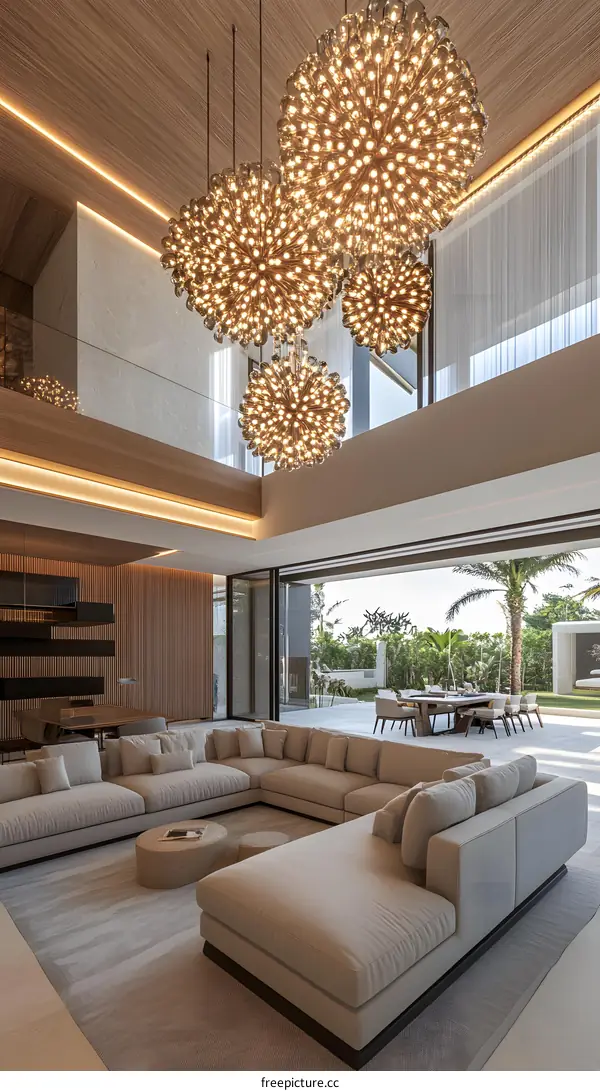 Modern Living Room Interior Design with Large Sectional Sofa and Stunning Chandeliers