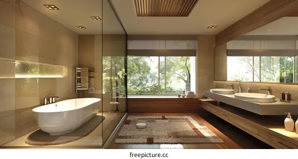 Modern Bathroom Design with Teakwood and Floor to Ceiling Windows
