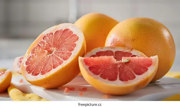 Freshly Cut Grapefruit Slices on a White Cutting Board