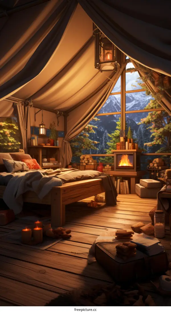 Cozy cabin in the woods with a fireplace and a view of the snowy mountains