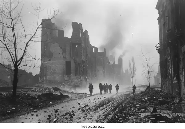 American Soldiers in a Ruined French City during World War I