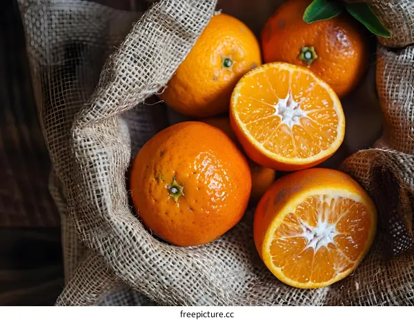 Fresh Oranges in a Burlap Sack