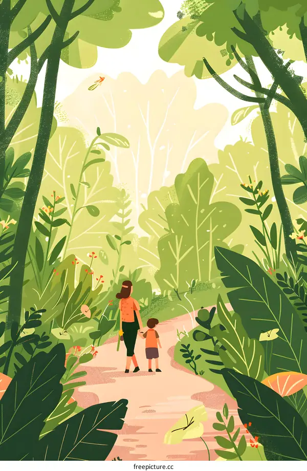 Mother and Son Walking Through Lush Forest Path