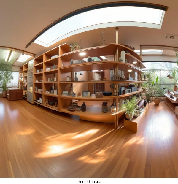 A wooden room with a lot of shelves and plants