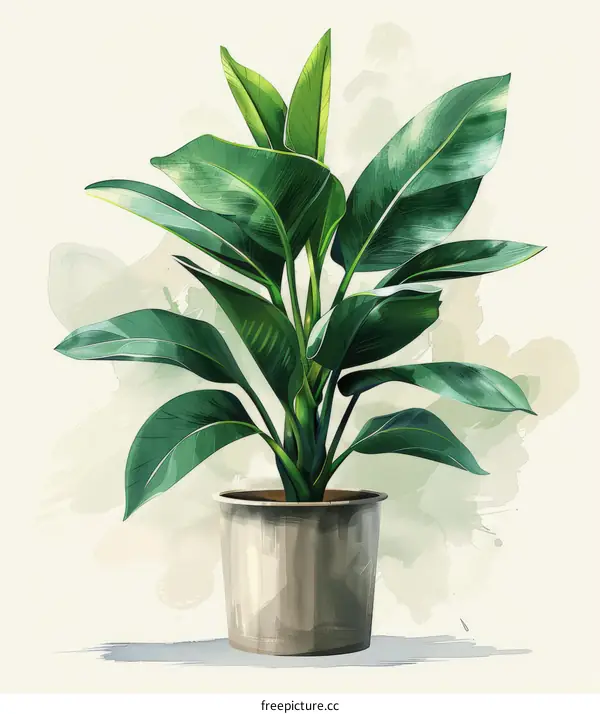 Vibrant Watercolor Painting of a Potted Bird of Paradise Plant