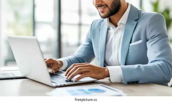 Businessman Working on Laptop in Modern Office