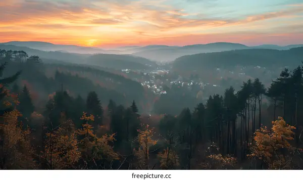 Misty Mountain Landscape With Autumn Foliage And Sunset