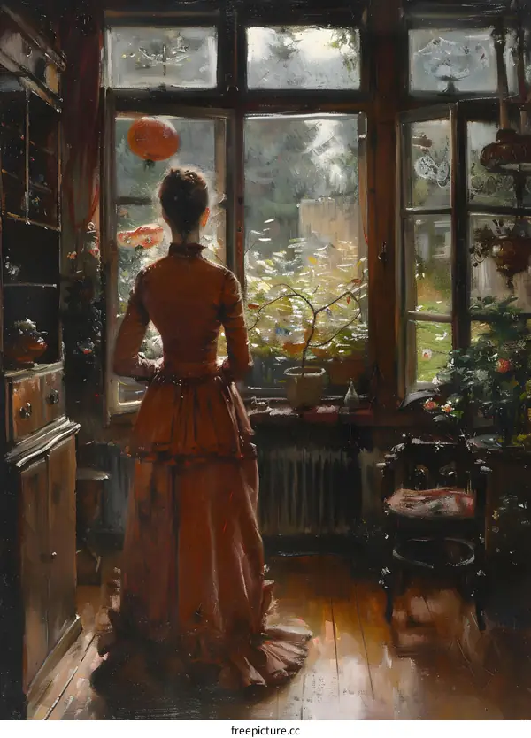 elegant woman looking out the window