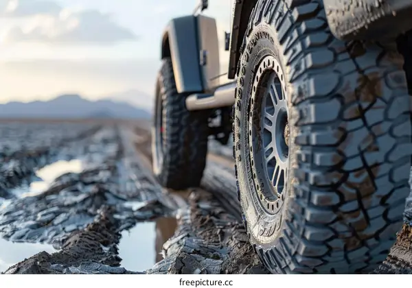 Close up of off-road vehicle tire on muddy terrain