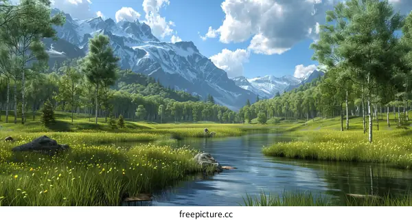 Peaceful Mountain Scene with Lake and Verdant Meadow