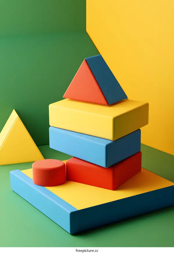 Abstract Colorful Geometric Shapes on Green and Yellow Background