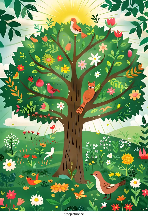 Illustrated Tree With Birds And Flowers
